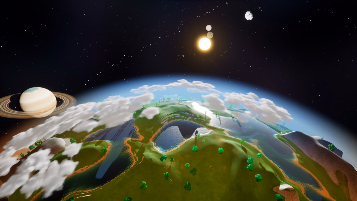 A stylized planet with clouds and orbiting worlds from Unreal Masterclass